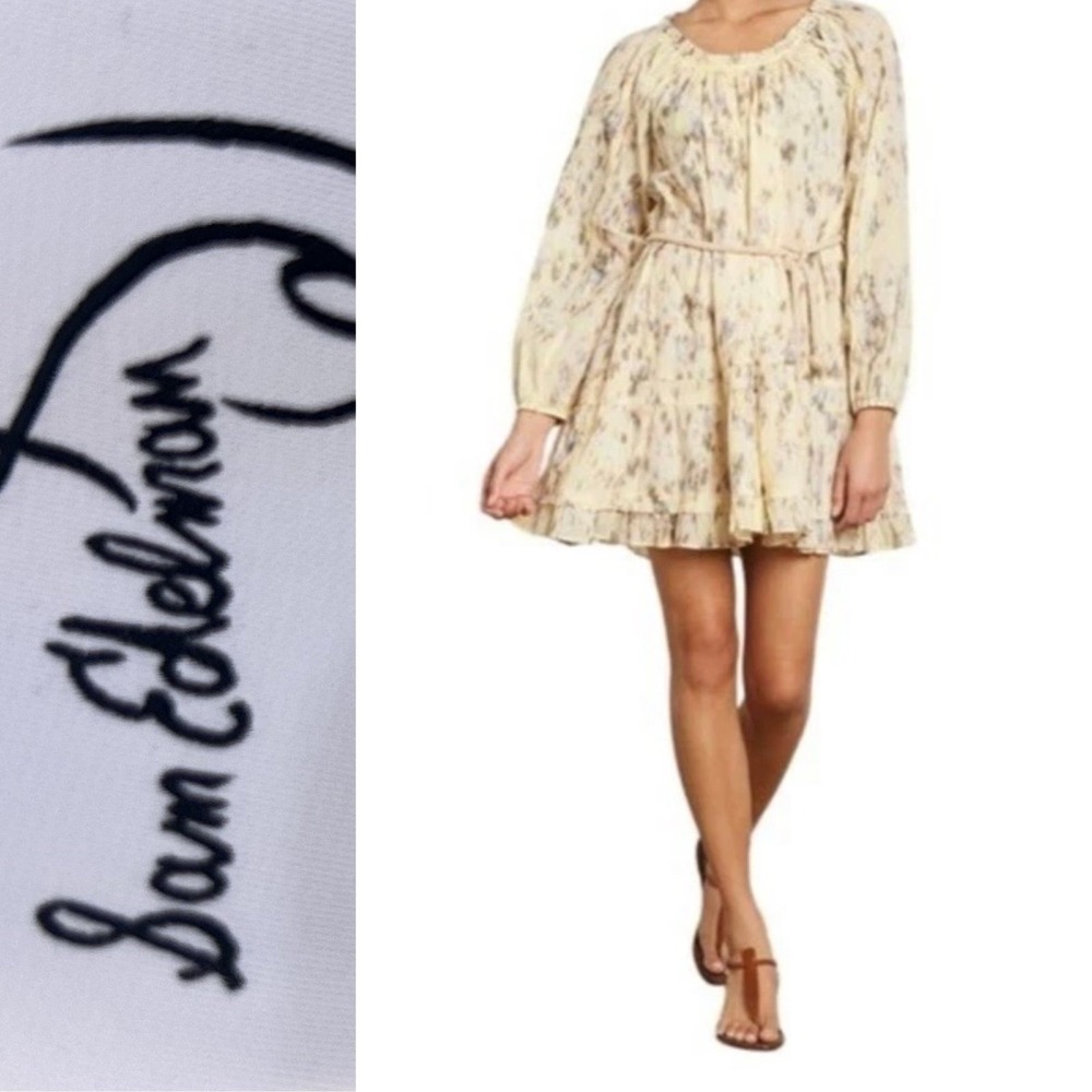 Sam Edelman Boho Mini Dress Small Rainey Ruffle Peasant Tie Waist‎ 100% Cotton